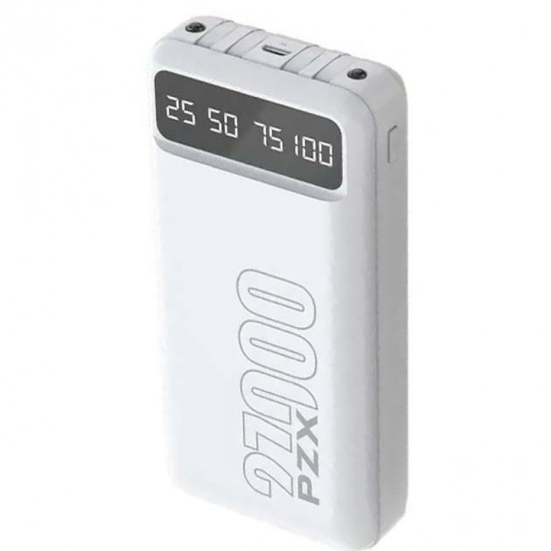 Power Bank PZX C165 27000 mAh 1xUSB/1Micro-USB Портативний Акумулятор Повербанк із вбудованими кабелями USB for Type-C/MicroUSB/Lightning зовнішній акумулятор павербанк з ліхтариком Білий